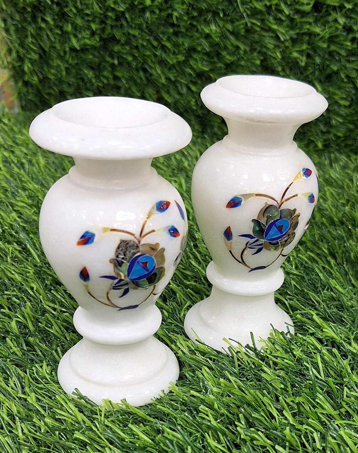 2 大理石象嵌花瓶、装飾花瓶、石花瓶、花瓶、装飾品、ピエトラ