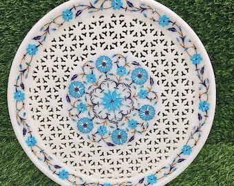Placa de arte de celosía con incrustaciones de mármol, tablero de mesa con incrustaciones de mármol, arte Pietra Dura, placa decorativa de mármol con filigrana floral, decoración del hogar de la India