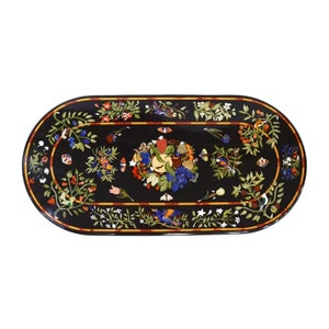 Black Marble Coffee Table Top Semi Precious Stones Pietra Dura Inlay Handmade Work Home Decor 54x26 inches