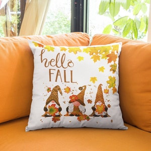 Hello Fall Pillow, Fall Decorative Pillow & Cover, Thanksgiving Holiday Pillows, Gnome Pillow Housewarming Gift, Entryway Autumn Decor