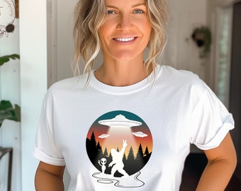 Bigfoot Alien UFO Shirt | Funny Sasquatch T-Shirt | Yeti Hiking Tee | Bigfoot Lover Gift | Alien Graphic Shirt | UFO Enthusiast Apparel