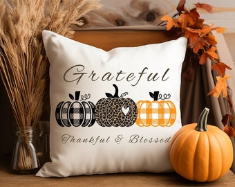 Grateful Thankful & Blessed Pillow, Cute Pumpkin Pillow, Thanksgiving Pillow and Cover, Entryway Fall Decor, Autumn Pillow Gift