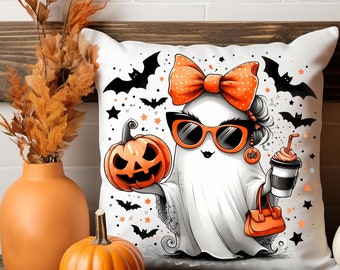Cute Halloween Ghost Pillow | Spooky Throw Pillow with Pumpkin & Fall Latte | Halloween Decor | Ghost Couch Pillow | Fall Home Decor