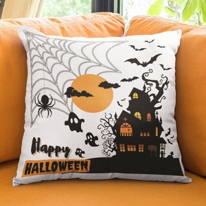 Happy Halloween Pillow, Spider Pillow, Ghost Pillow, Halloween Lover Gift, Farmhouse Pillow, Autumn Throw Pillow, Minimalist