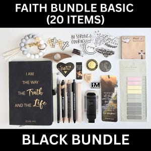 May include: A black bundle of 20 faith-based items. Includes a journal with gold lettering, pens, stickers, a bookmark, and a beaded keychain. The journal reads "I AM THE WAY THE TRUTH AND THE LIFE".
