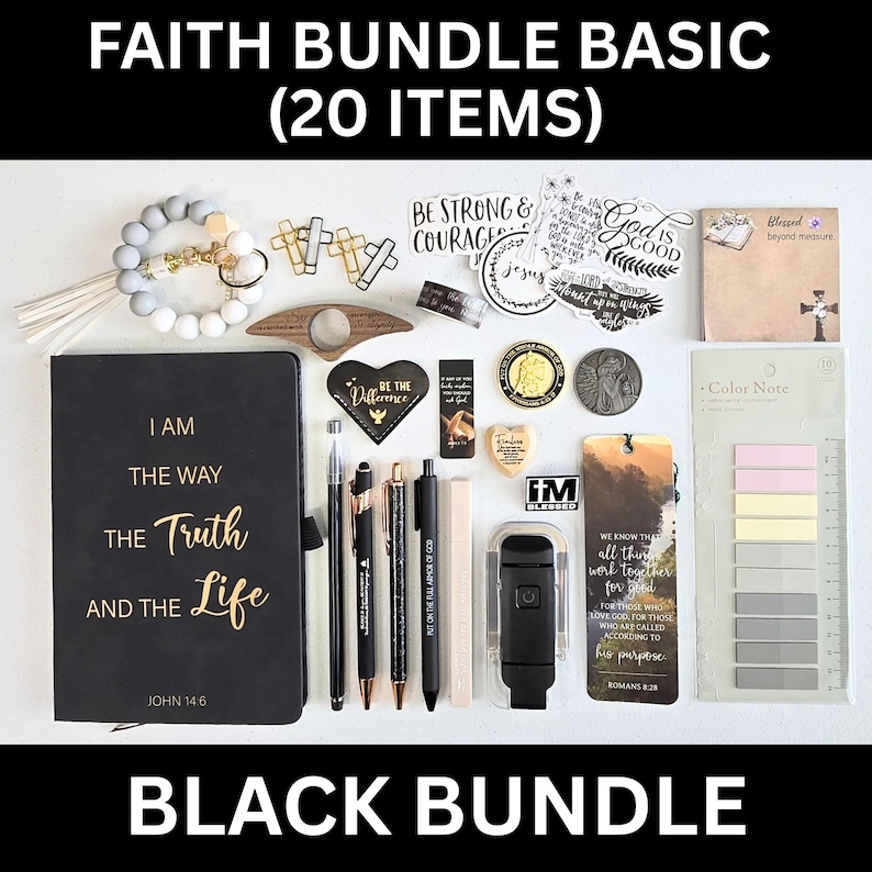 May include: A black bundle of 20 faith-based items. Includes a journal with gold lettering, pens, stickers, a bookmark, and a beaded keychain. The journal reads "I AM THE WAY THE TRUTH AND THE LIFE".