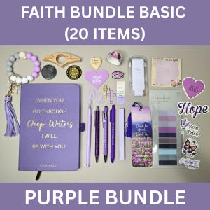 May include: A purple bundle of 20 items, including a journal, pens, stickers, and a bookmark. The journal has gold lettering and the text "When you go through deep waters, I will be with you." Other items include a bracelet, coins, and a small notepad.