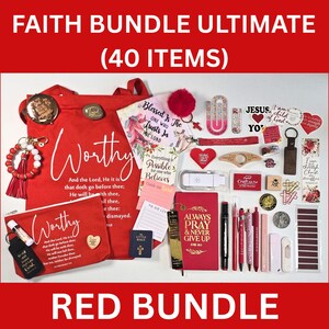 Faith Bundles, Bible Study Journal Kit, Mystery Bookish Bundle (40 Items), Christian Gift Box For Women, Christian Care Package Shades of Red