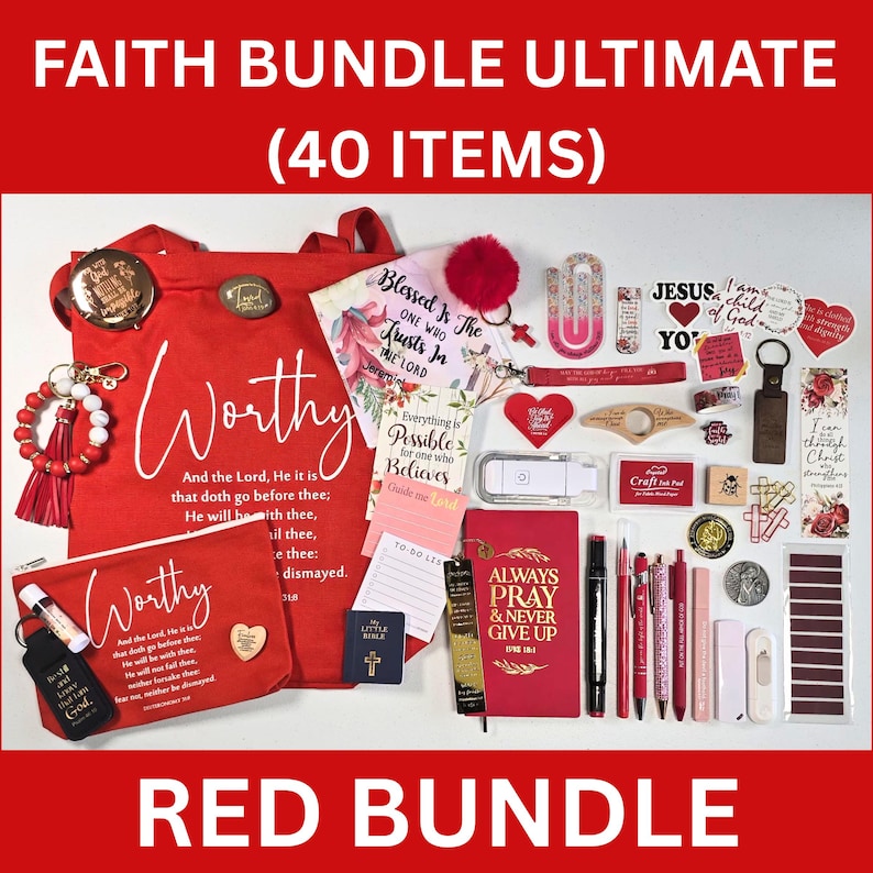 Faith Bundles, Bible Study Journal Kit, Mystery Bookish Bundle (40 Items), Christian Gift Box For Women, Christian Care Package Shades of Red
