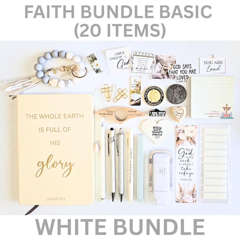May include: A white faith-themed bundle with 20 items, including a journal, pens, stickers, and bookmarks. The journal has gold lettering that reads "The whole earth is full of his glory." The bundle includes a keychain and a light.