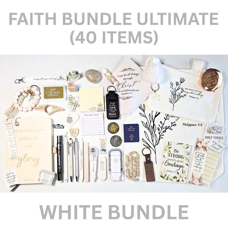 Faith Bundles, Bible Study Journal Kit, Mystery Bookish Bundle (40 Items), Christian Gift Box For Women, Christian Care Package Shades of White