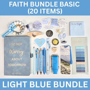 May include: A light blue faith-themed bundle with 20 items, including a journal, pens, stickers, and a bookmark. The journal has the text "Do Not Worry About Tomorrow." Other items include a light blue bracelet and a notepad.