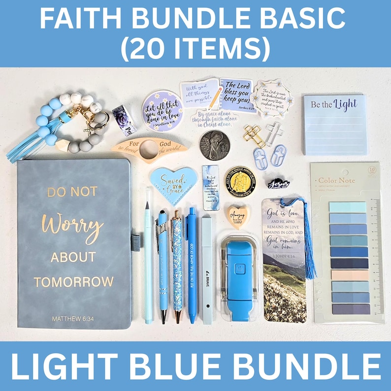 May include: A light blue faith-themed bundle with 20 items, including a journal, pens, stickers, and a bookmark. The journal has the text "Do Not Worry About Tomorrow." Other items include a light blue bracelet and a notepad.