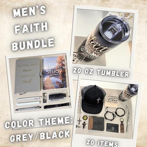 May include: A faith-themed bundle featuring a 20 oz black tumbler with faith text, a grey journal with gold lettering, a 52-week Bible study book, a black baseball cap with a cross, a wallet, pens, a keychain, and various accessories in a grey and black color theme.