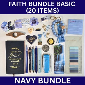 May include: A navy blue faith-themed bundle with 20 items, including a journal, pens, stickers, and a bookmark. The journal has gold lettering with the text "For with God nothing shall be impossible." Other items include a blue beaded keychain and sticky notes.