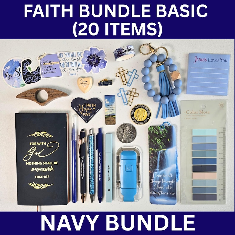 May include: A navy blue faith-themed bundle with 20 items, including a journal, pens, stickers, and a bookmark. The journal has gold lettering with the text "For with God nothing shall be impossible." Other items include a blue beaded keychain and sticky notes.