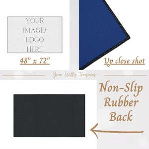 May include: A customizable doormat with a black non-slip rubber backing. The mat is 48 inches by 72 inches and features a space for a logo or image. The text "Your Witty Treasures" is visible in the image.