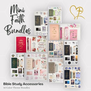 May include: Ten mini faith bundles featuring Bible study accessories including notebooks, pens, bookmarks, and stickers. Each set displays a distinct color theme with floral and religious motifs, inspirational text, and various stationery items.