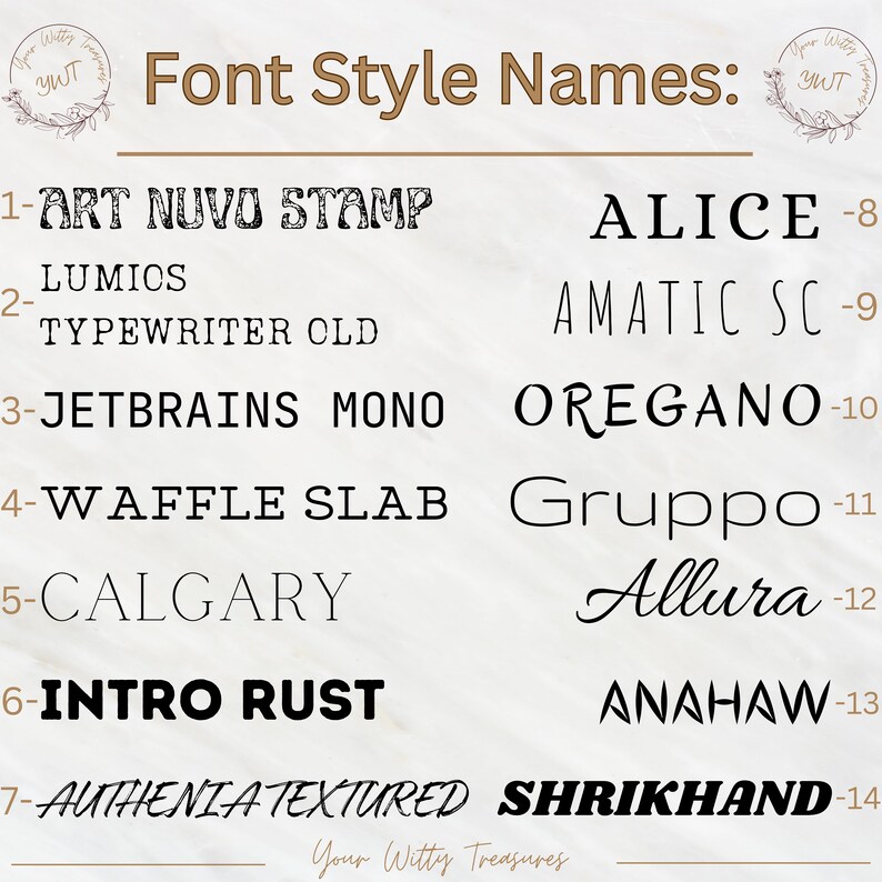 May include: A list of font style names with their corresponding numbers. The font styles are displayed in the font style itself. The list includes font styles such as "Art Nuvo Stamp", "Alice", "Amatic SC", "Jetbrains Mono", "Oregano", "Waffle Slab", "Gruppo", "Calgary", "Allura", "Intro Rust", "Anahaw", "Authentia Textured", and "Shrikhand".