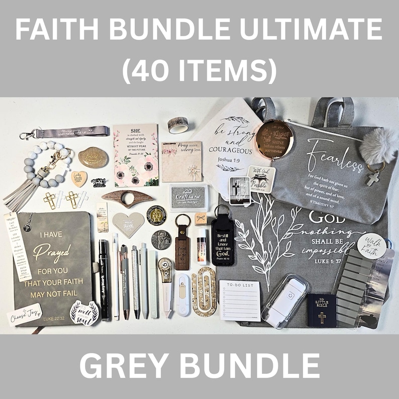 Faith Bundles, Bible Study Journal Kit, Mystery Bookish Bundle (40 Items), Christian Gift Box For Women, Christian Care Package Shades of Grey