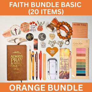 May include: An orange bundle of 20 faith-based items, including stickers, a bracelet, a journal, pens, a bookmark, and sticky notes. The journal reads "Always Pray & Never Give Up." The bundle is labeled "Faith Bundle Basic."