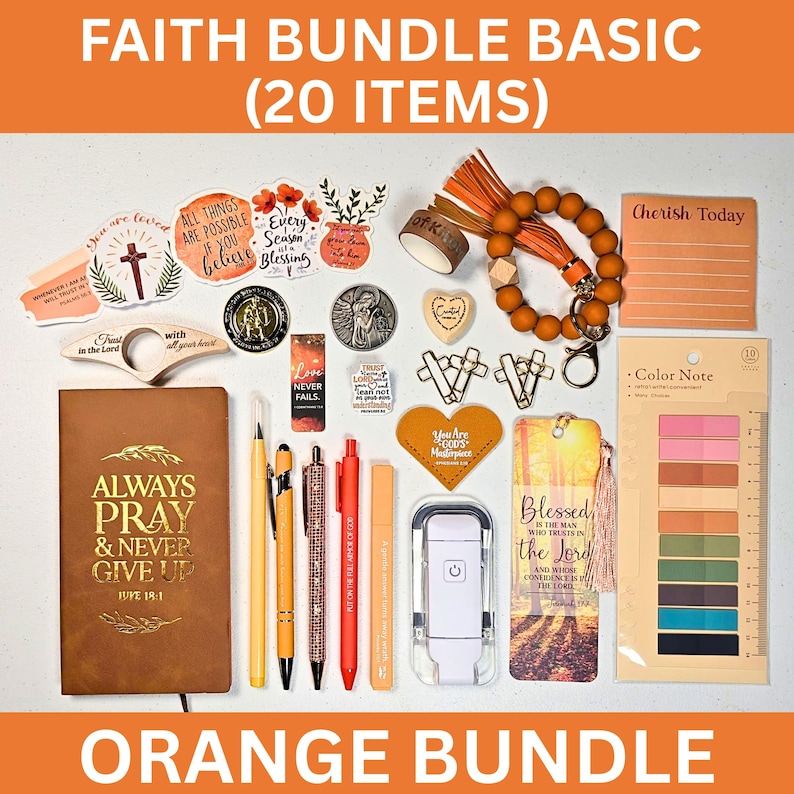 May include: An orange bundle of 20 faith-based items, including stickers, a bracelet, a journal, pens, a bookmark, and sticky notes. The journal reads "Always Pray & Never Give Up." The bundle is labeled "Faith Bundle Basic."