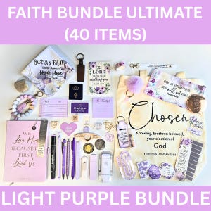 May include: A light purple faith-themed bundle with 40 items, including a tote bag, journal, pens, stickers, and accessories. The tote bag has the word "Chosen" printed on it. The bundle includes inspirational quotes and floral designs.