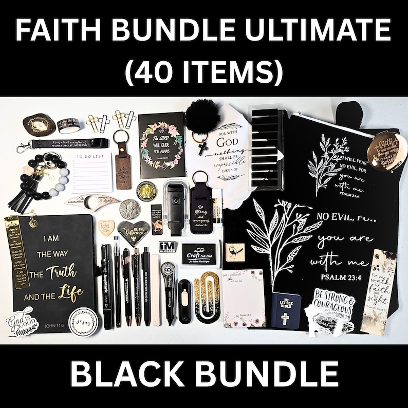 Faith Bundles, Bible Study Journal Kit, Mystery Bookish Bundle (40 Items), Christian Gift Box For Women, Christian Care Package Shades of Black