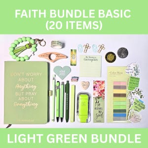 May include: A light green faith-themed bundle with 20 items, including a journal, pens, sticky notes, and a bookmark. The journal reads "Don't worry about anything, but pray about everything." Other items include a bracelet, paper clips, and a heart-shaped charm.