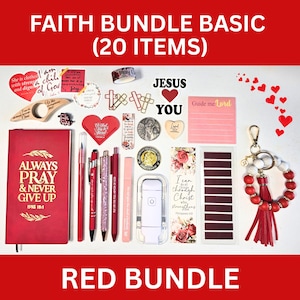 May include: A collection of 20 faith-based items in a red theme. Includes a journal, pens, stickers, a keychain, and other accessories. The text on the journal reads "ALWAYS PRAY & NEVER GIVE UP". The bundle is designed with religious and inspirational elements.