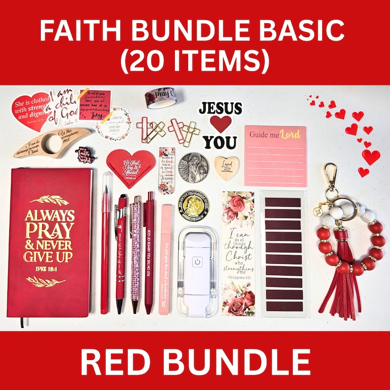 May include: A collection of 20 faith-based items in a red theme. Includes a journal, pens, stickers, a keychain, and other accessories. The text on the journal reads "ALWAYS PRAY & NEVER GIVE UP". The bundle is designed with religious and inspirational elements.