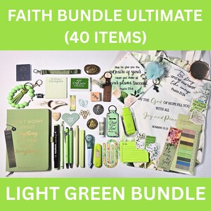 Faith Bundles, Bible Study Journal Kit, Mystery Bookish Bundle (40 Items), Christian Gift Box For Women, Christian Care Package Light Green