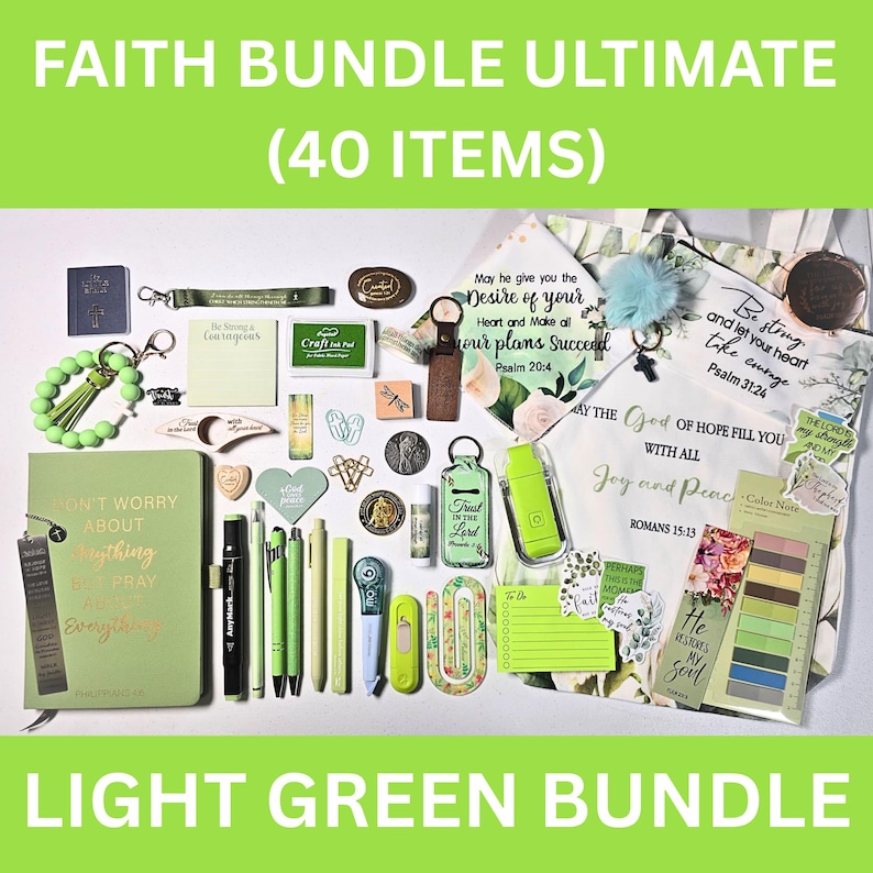 Faith Bundles, Bible Study Journal Kit, Mystery Bookish Bundle (40 Items), Christian Gift Box For Women, Christian Care Package Light Green