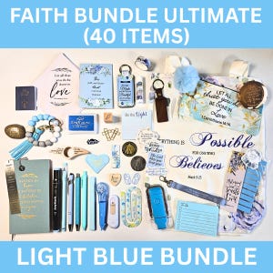 Faith Bundles, Bible Study Journal Kit, Mystery Bookish Bundle (40 Items), Christian Gift Box For Women, Christian Care Package Light Blue
