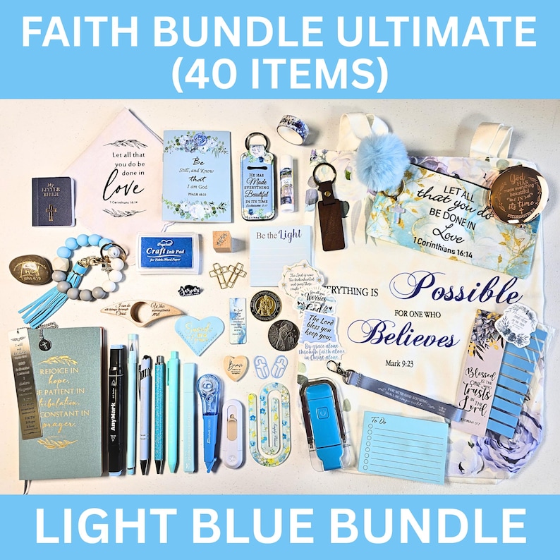 Faith Bundles, Bible Study Journal Kit, Mystery Bookish Bundle (40 Items), Christian Gift Box For Women, Christian Care Package Light Blue