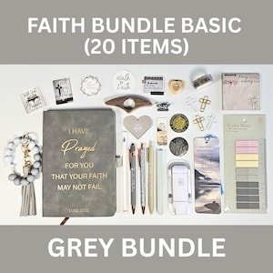 May include: A grey faith-themed bundle with 20 items, including a journal with gold lettering, pens, stickers, a bookmark, and a keychain. The text on the journal reads "I Have Prayed For You That Your Faith May Not Fail".