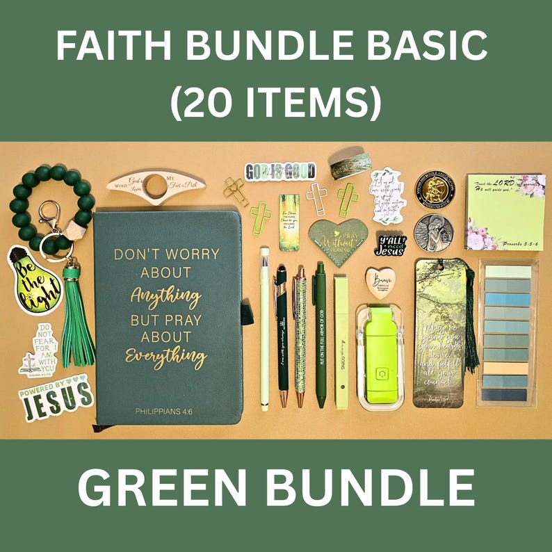 May include: A collection of faith-based items, including a journal, pens, stickers, and a bracelet. The items are in shades of green and gold, with inspirational quotes and religious symbols. The bundle is arranged on a tan surface.