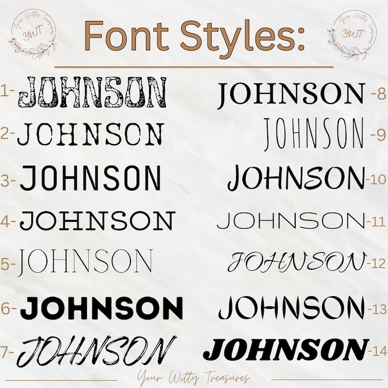 May include: A chart showing 14 different font styles for the name "JOHNSON". Each font style is numbered 1 through 14. The text "Font Styles" is at the top of the chart.