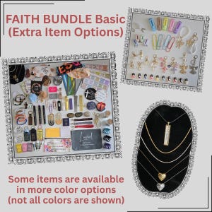 May include: A collection of faith-based accessories, including necklaces, bracelets, keychains, and decorative pins. The image features a variety of items, such as a gray pouch with the word "Loved" and the text "FAITH BUNDLE Basic (Extra Item Options)". Some items are available in more color options.