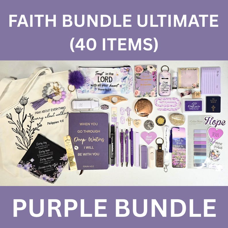 Faith Bundles, Bible Study Journal Kit, Mystery Bookish Bundle (40 Items), Christian Gift Box For Women, Christian Care Package Shades of Purple