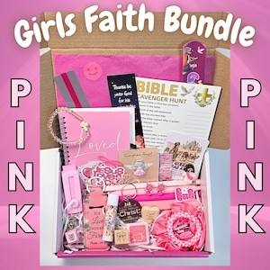May include: A pink-themed gift box labeled Girls Faith Bundle containing a Bible scavenger hunt card, a spiral notebook with the word loved, a beaded bracelet with a cross charm, a pink scrunchie, pens, stickers, and various small religious items.