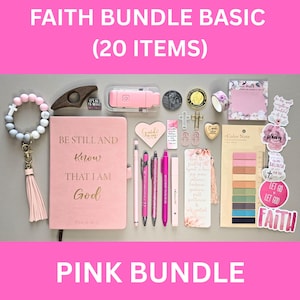 May include: A pink faith-themed bundle with 20 items, including a journal, pens, stickers, and a keychain. The journal reads "Be Still and Know That I Am God." Other items include a bookmark, a heart-shaped card, and a small pink light.