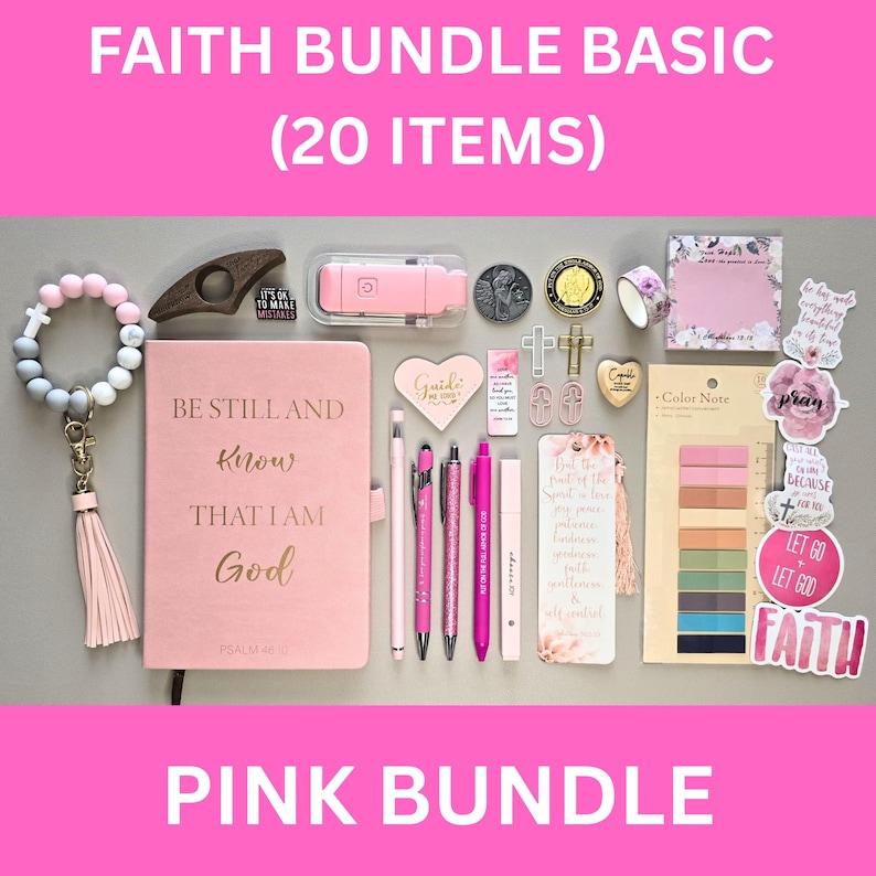 May include: A pink faith-themed bundle with 20 items, including a journal, pens, stickers, and a keychain. The journal reads "Be Still and Know That I Am God." Other items include a bookmark, a heart-shaped card, and a small pink light.