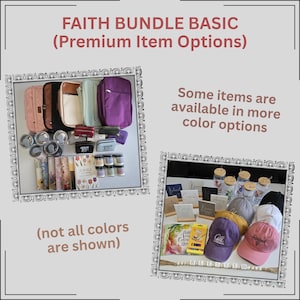 May include: A collection of faith-based items, including Bible covers, journals, candles, and hats. The image displays various colors and styles of the products, with the text "FAITH BUNDLE BASIC" and "Some items are available in more color options".