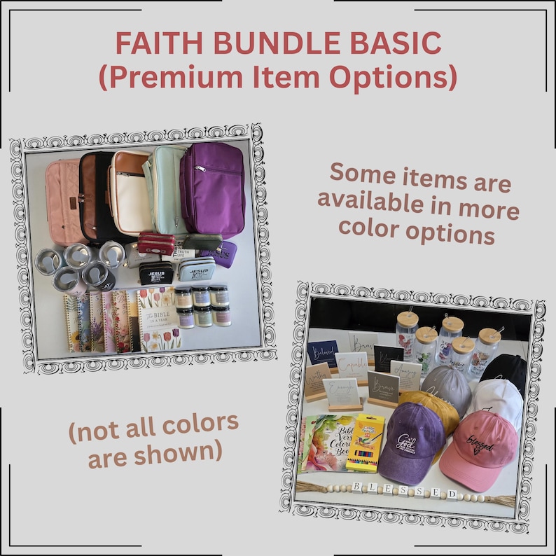 May include: A collection of faith-based items, including Bible covers, journals, candles, and hats. The image displays various colors and styles of the products, with the text "FAITH BUNDLE BASIC" and "Some items are available in more color options".