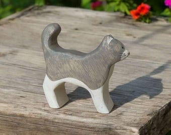 Handmade Wooden Cat Toy | Waldorf Montessori Animal Figure (5.5 × 6 × 1.8 cm)
