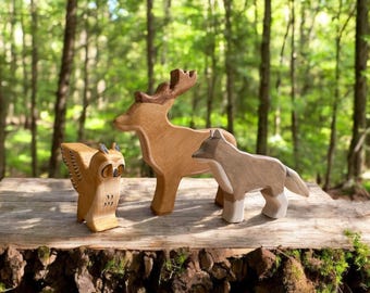 Wooden Forest Animals Toy Set | Handmade Montessori Waldorf Toys for Kids | Woodcrafted Realistic Figurine