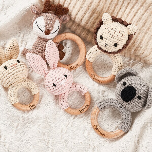 Custom Wooden Baby Rattle, Baby Gift, Teething Ring for Newborn, Personalized Crochet Rattle Toy, Present for Christmas, Grasping Toy