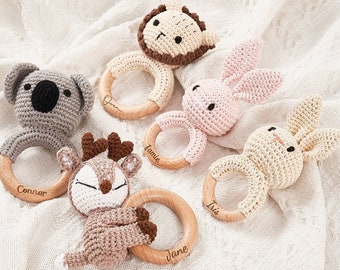 Animal Crochet Baby Rattle | Baby Shower Gift | Personalized Crochet Rattle Toy | Custom Wooden Baby Rattle | Newborn Gift for Birthday