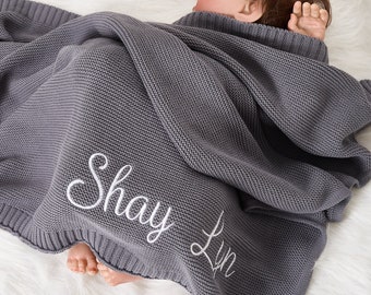 Custom Baby Blanket, Newborn Gift, Knit Baby Blanket, Soft Cotton Knit Stroller Blanket, Baby Shower Gift, Embroidered Name Baby Blanket